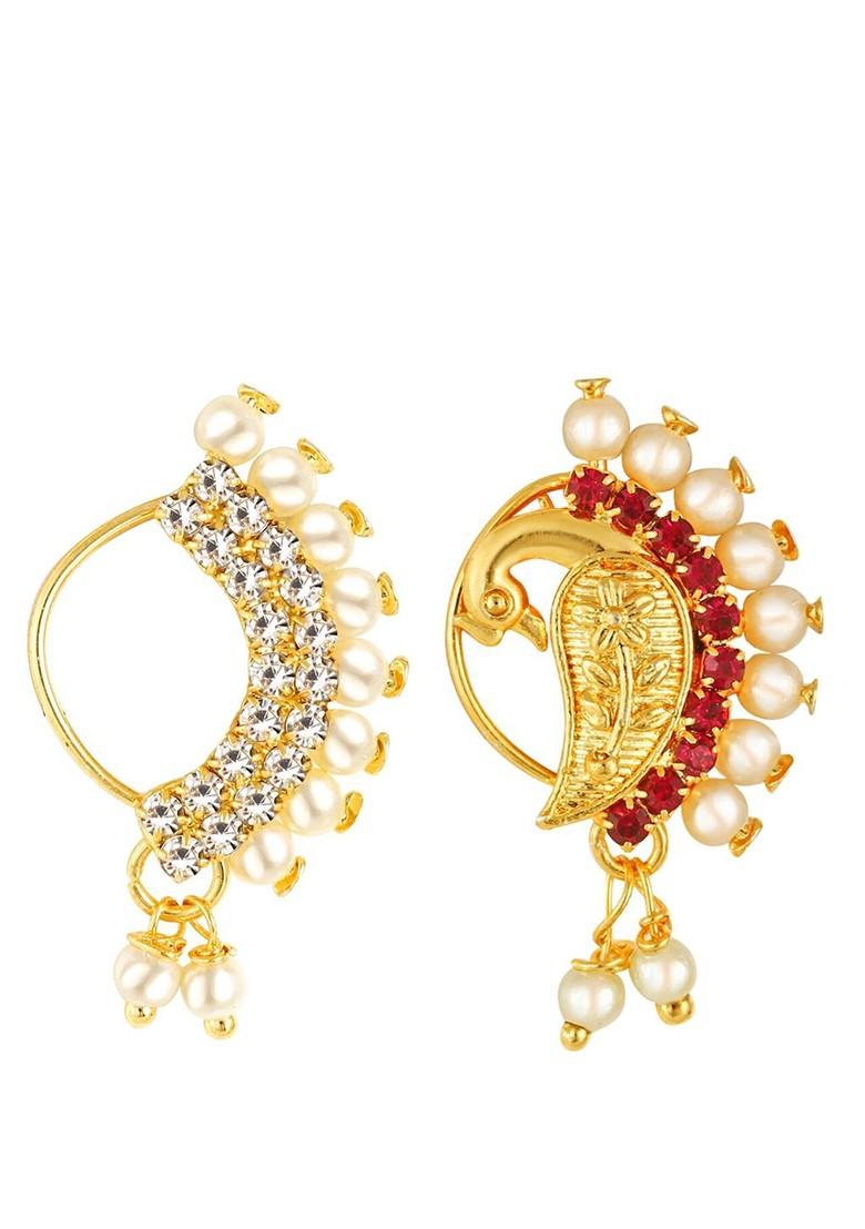 Set Of 2 Gold Plated Stone Studded Pearl Nosepins