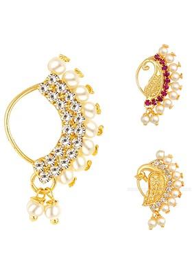 Set Of 3 Gold Plated Ad Stone Studdedand Beaded Nosepin