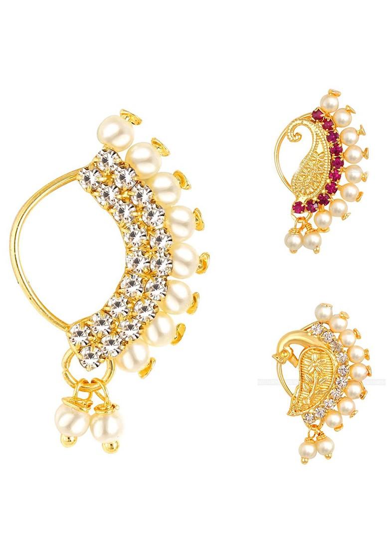 Set Of 3 Gold Plated Ad Stone Studdedand Beaded Nosepin