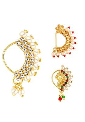 Set Of 3 Gold Plated Ad Studdedand Pearl Beaded Nosepins