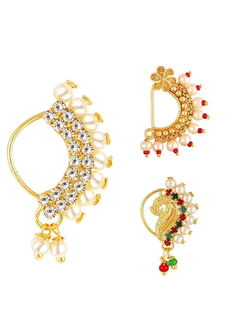 Set Of 3 Gold Plated Ad Studdedand Pearl Beaded Nosepins