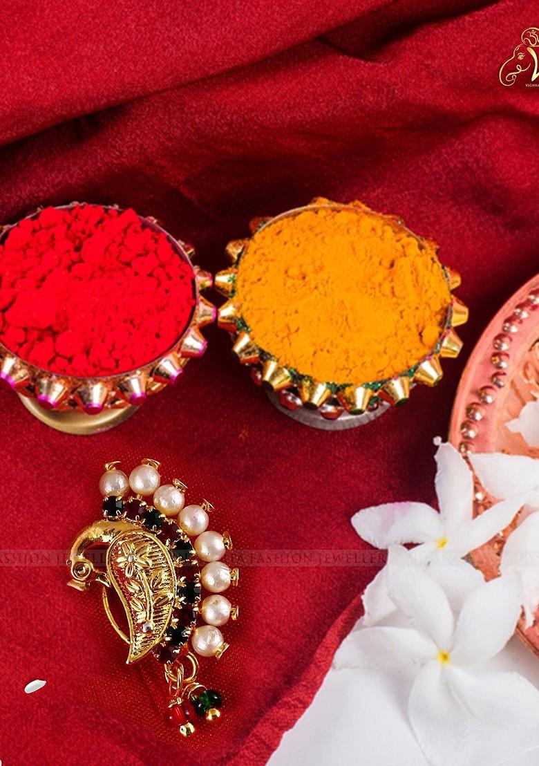 Gold Plated Artificial Stonesand Pearl Studded Nosepin