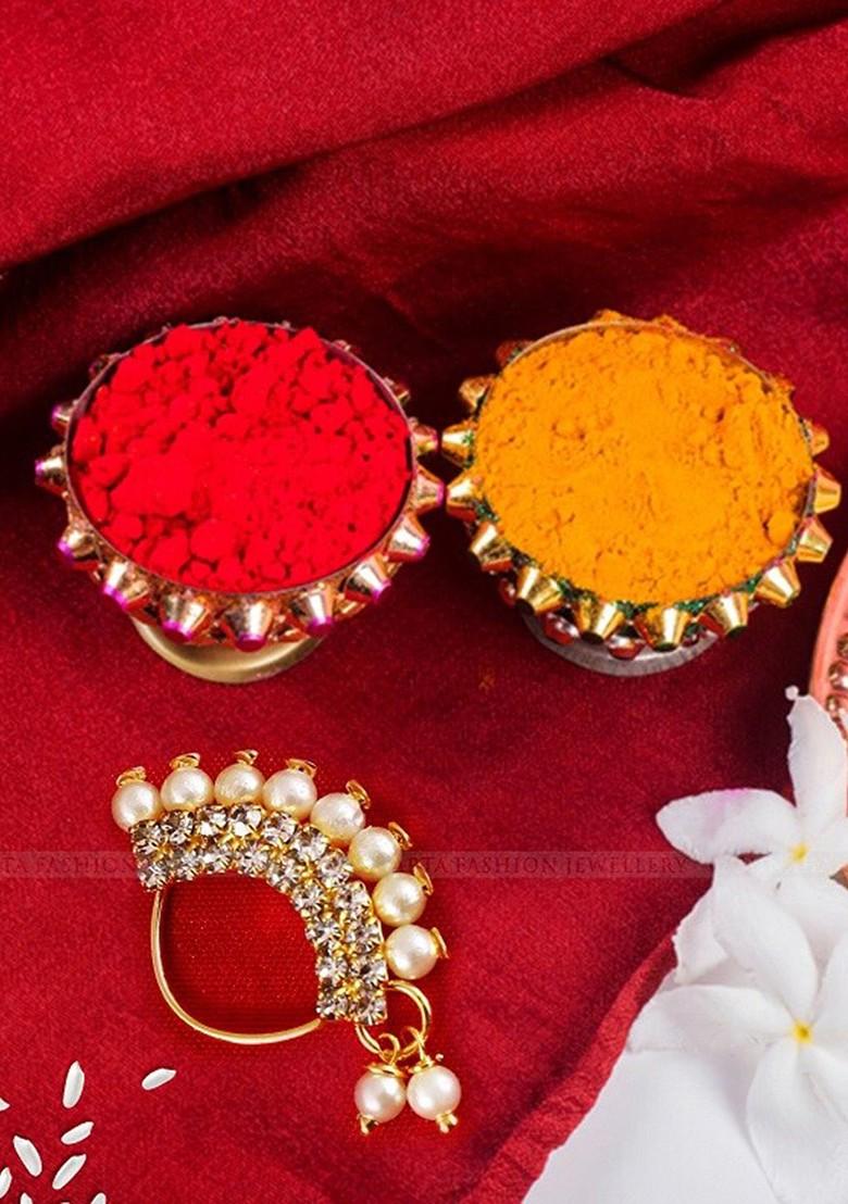 Set Of 2 Gold Plated Stone Studdedand Pearl Beaded Nosepins