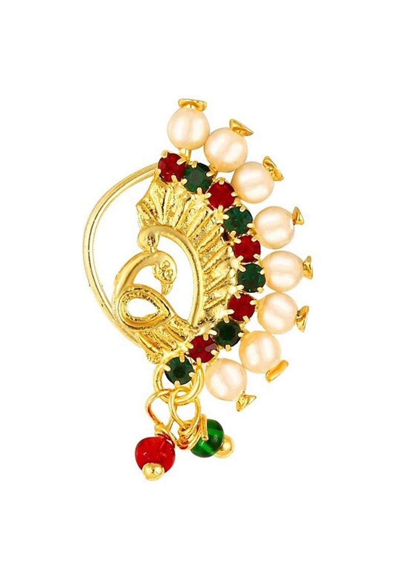 Set Of 2 Gold Plated Stone Studdedand Pearl Beaded Nosepins