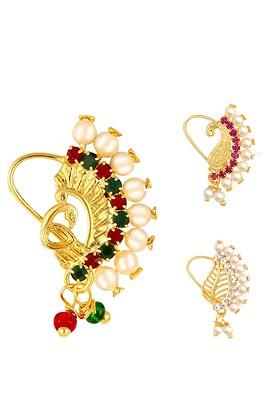Set Of 3 Gold Plated Ad Stone Studdedand Beaded Nosepin