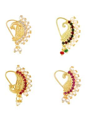 Set Of 4 Gold Plated Ad Studdedand Beaded Nosepins