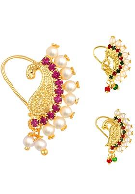 Set Of 3 Gold Plated Stone Studdedand Pearls Beaded Nosepins