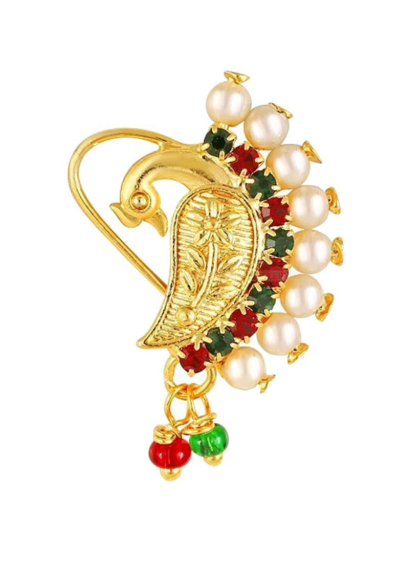 Set Of 3 Gold Plated Stone Studdedand Pearls Beaded Nosepins