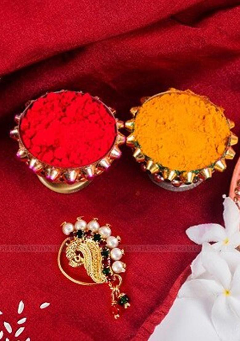 Set Of 2 Gold Plated Stone Studdedand Pearls Beaded Nosepins