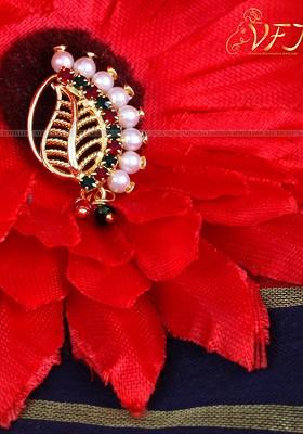 Gold Plated Ad Stone Studded And Pearls Beaded Nosepin