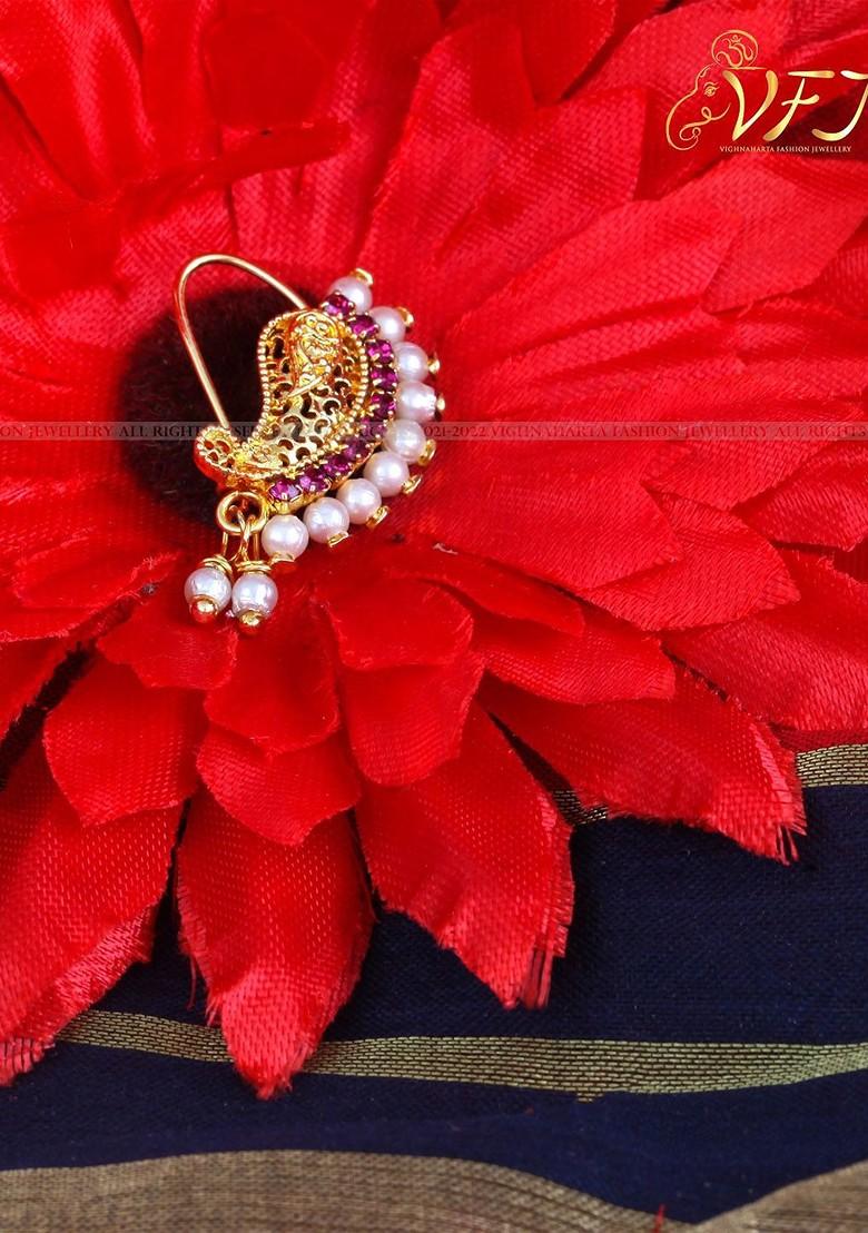 Gold Plated White Ad Stone Studded And Pearls Beaded Nosepin