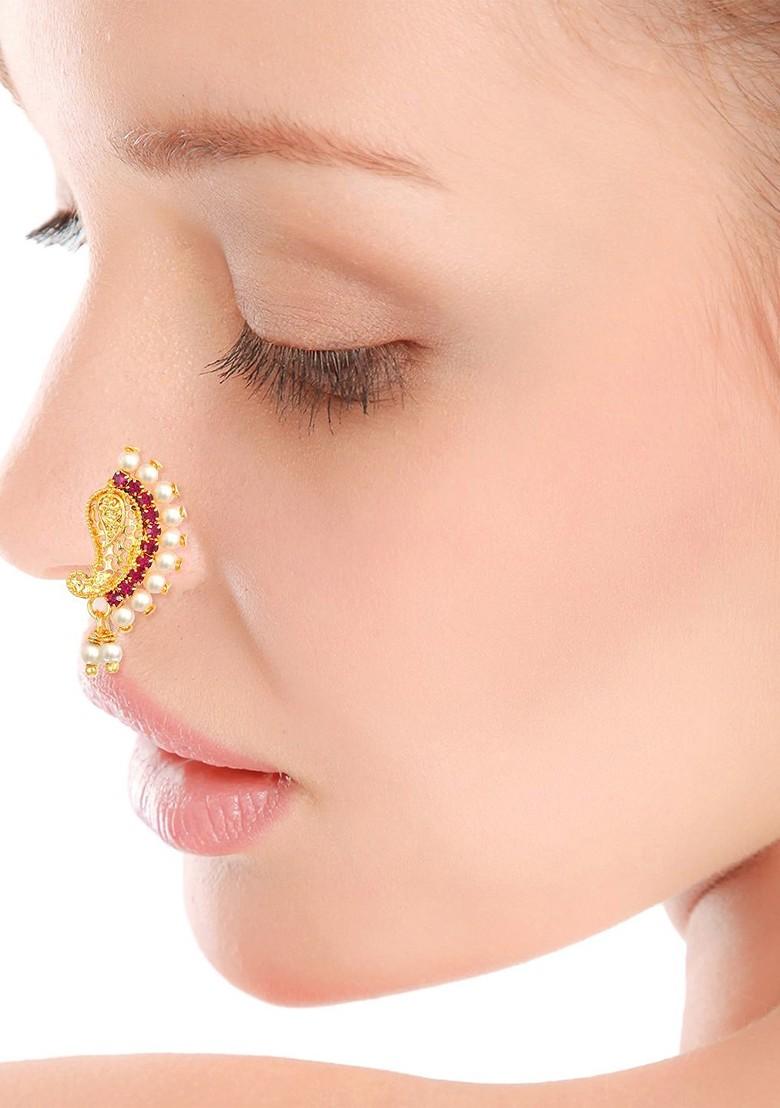 Gold Plated White Ad Stone Studded And Pearls Beaded Nosepin