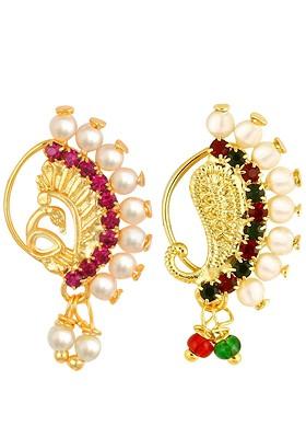 Set Of 2 Gold Plated Stone Studdedand Beaded Nose Ring