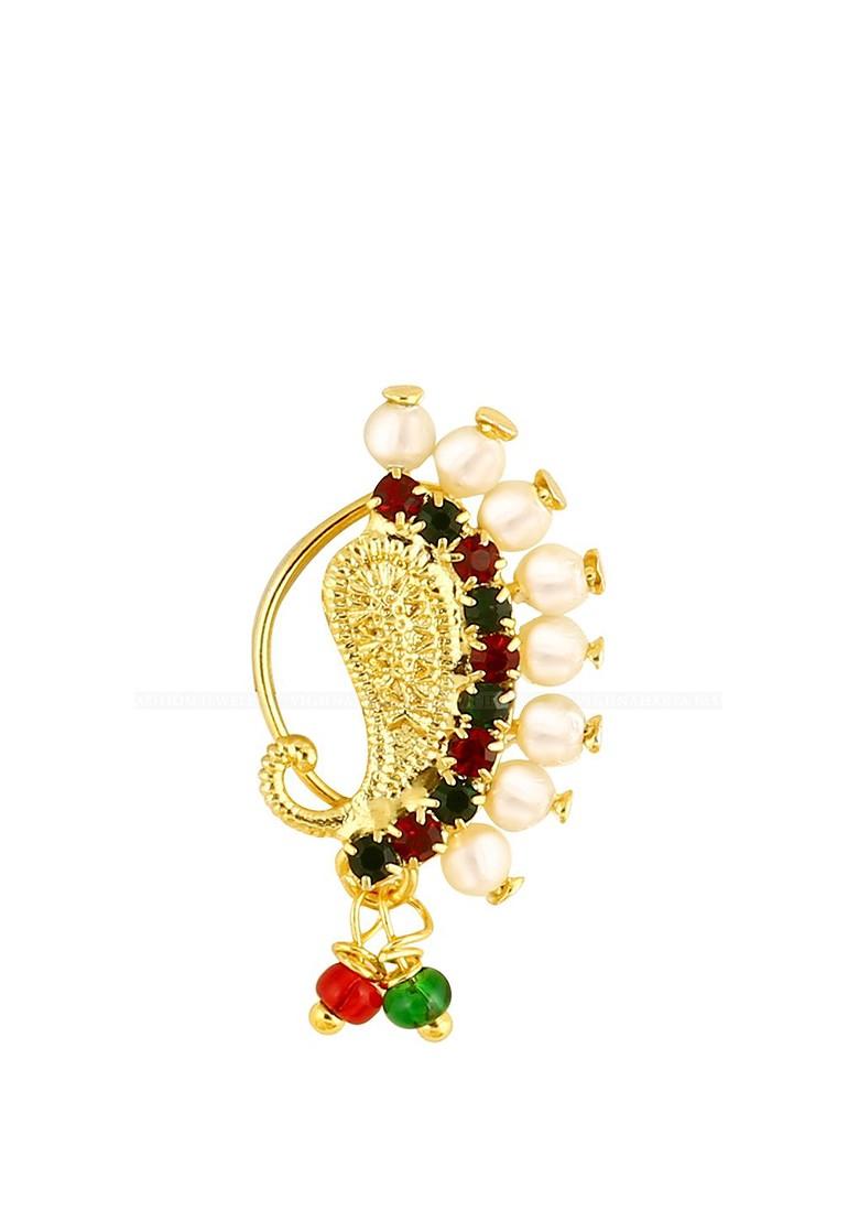 Set Of 2 Gold Plated Stone Studdedand Beaded Nose Ring