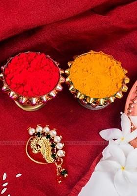 Set Of 2 Gold Plated Stone Studdedand Pearl Beaded Nosepins