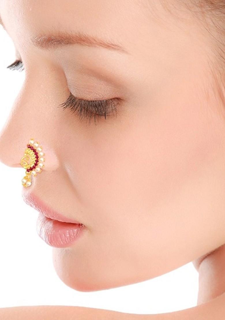 Set Of 2 Gold Plated Stone Studdedand Pearl Beaded Nosepins