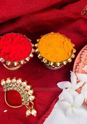 Set Of 2 Gold Plated Stone Studdedand Pearl Beaded Nosepins