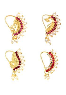 Set Of 4 Gold Plated Stone Studdedand Pearl Beaded Ring Nosepins