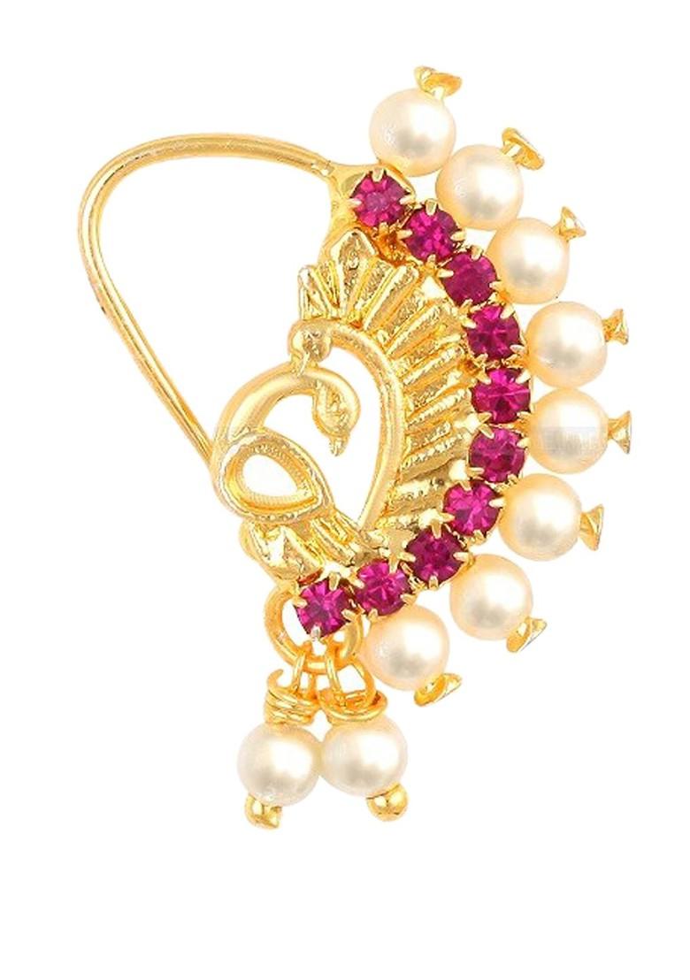 Set Of 2 Gold Plated Stone Studdedand Pearl Beaded Noserings