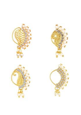 Set Of 4 Gold Plated Stone Studdedand Pearls Beaded Ring Nosepins