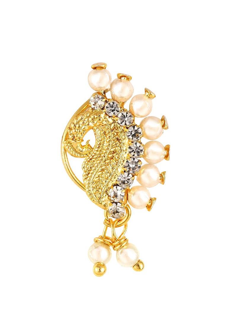 Set Of 4 Gold Plated Stone Studdedand Pearls Beaded Ring Nosepins