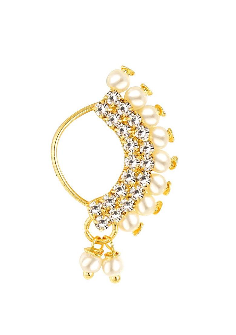 Set Of 4 Gold Plated Stone Studdedand Pearls Beaded Ring Nosepins