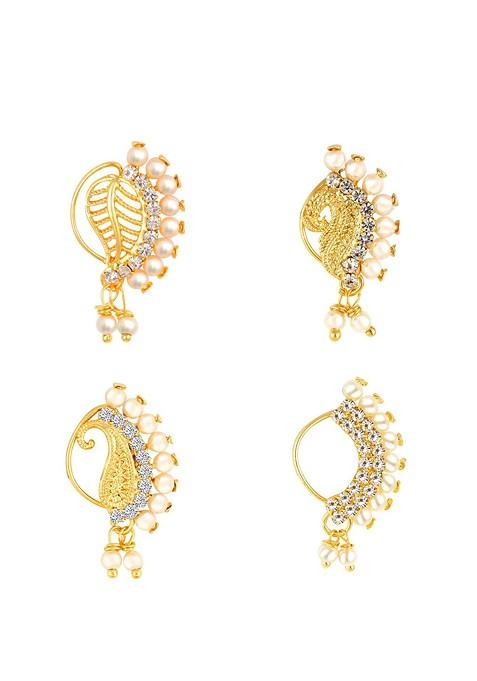 Set Of 4 Gold Plated Stone Studdedand Pearls Beaded Ring Nosepins
