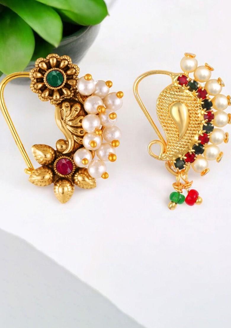 Set Of 2 Gold Plated Pearls Ring Nosepin