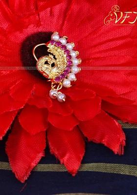 Gold Plated Ad Stone Studded And Pearls Beaded Nosepin