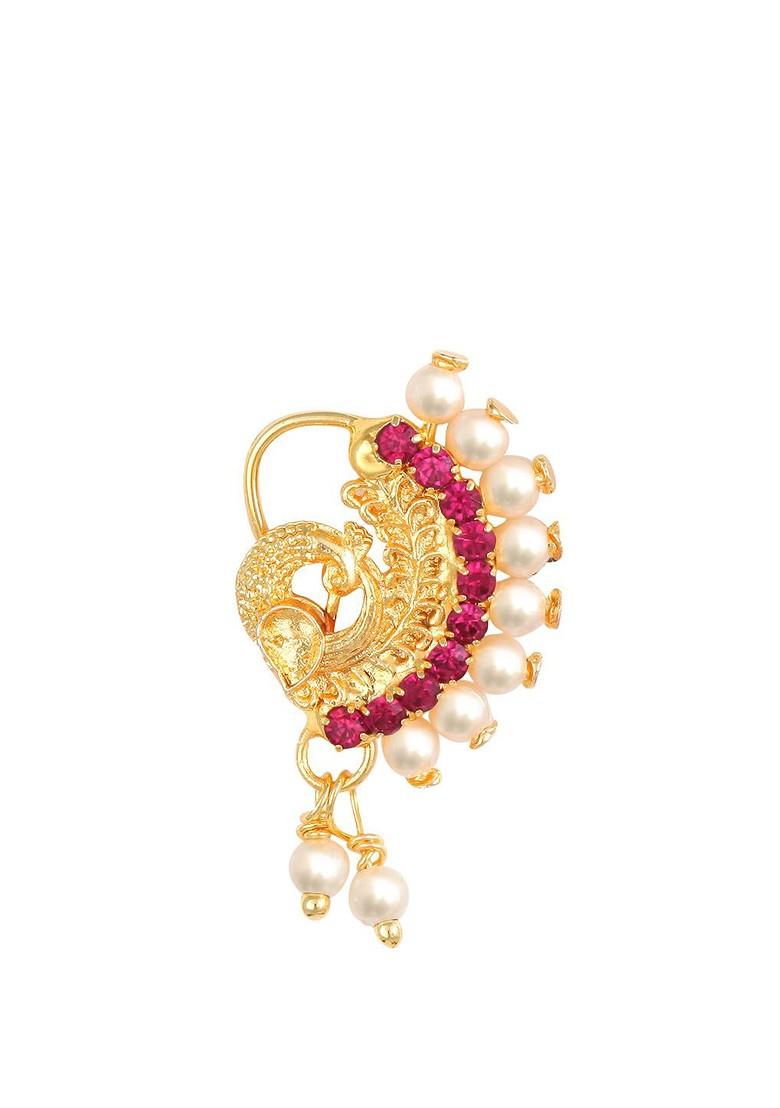 Gold Plated Ad Stone Studded And Pearls Beaded Nosepin