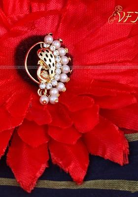 Gold Plated Ad Stone Studded And Pearls Beaded Nosepin