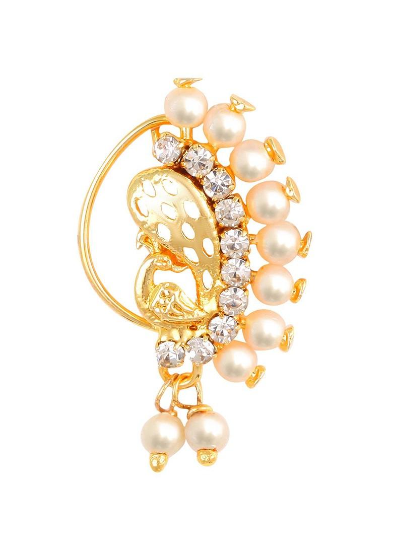 Gold Plated Ad Stone Studded And Pearls Beaded Nosepin