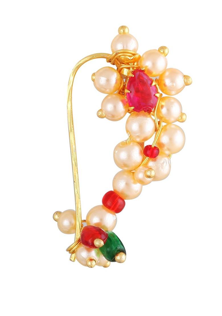 Set Of 3 Gold Plated Stone Studdedand Pearls Beaded Nath Nosepins