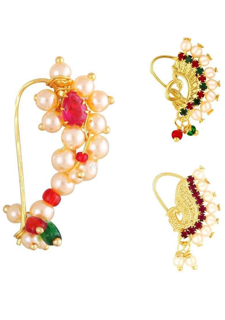 Set Of 3 Gold Plated Stone Studdedand Pearls Beaded Nath Nosepins
