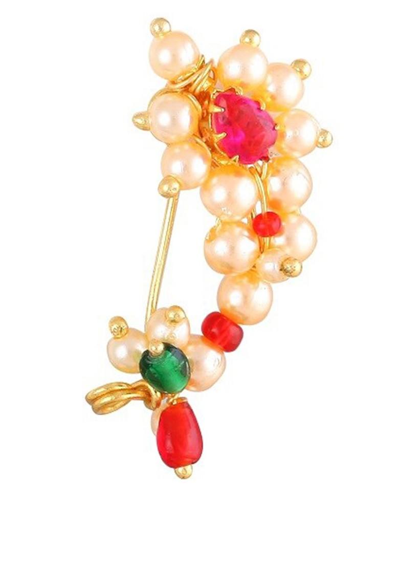 Set Of 3 Gold Plated Ad Studdedand Pearl Beaded Nosepins