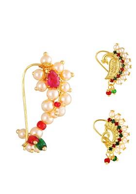 Set Of 3 Gold Plated Ad Studdedand Beaded Nosepins