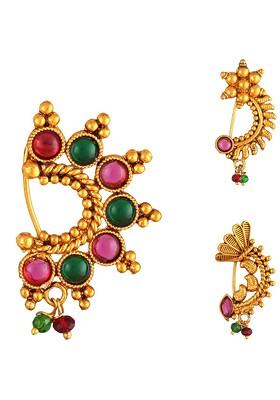 Set Of 3 Gold Plated Stone Studdedand Beaded Nosepins