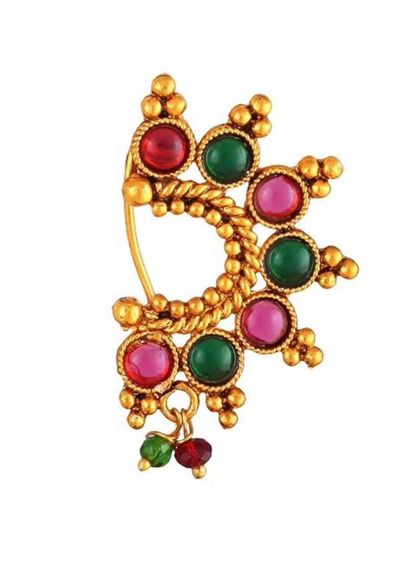 Set Of 3 Gold Plated Stone Studdedand Beaded Nosepins