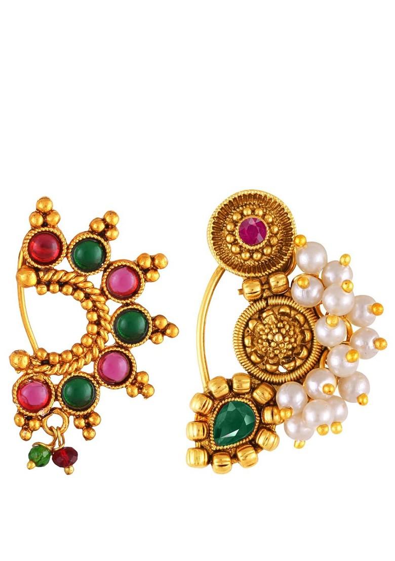 Set Of 2 Gold Plated Stone Studdedand Pearls Beaded Nosepins