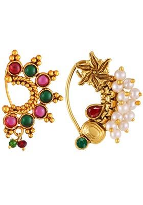 Set Of 2 Gold Plated Stone Studdedand Pearls Beaded Ring Nosepins