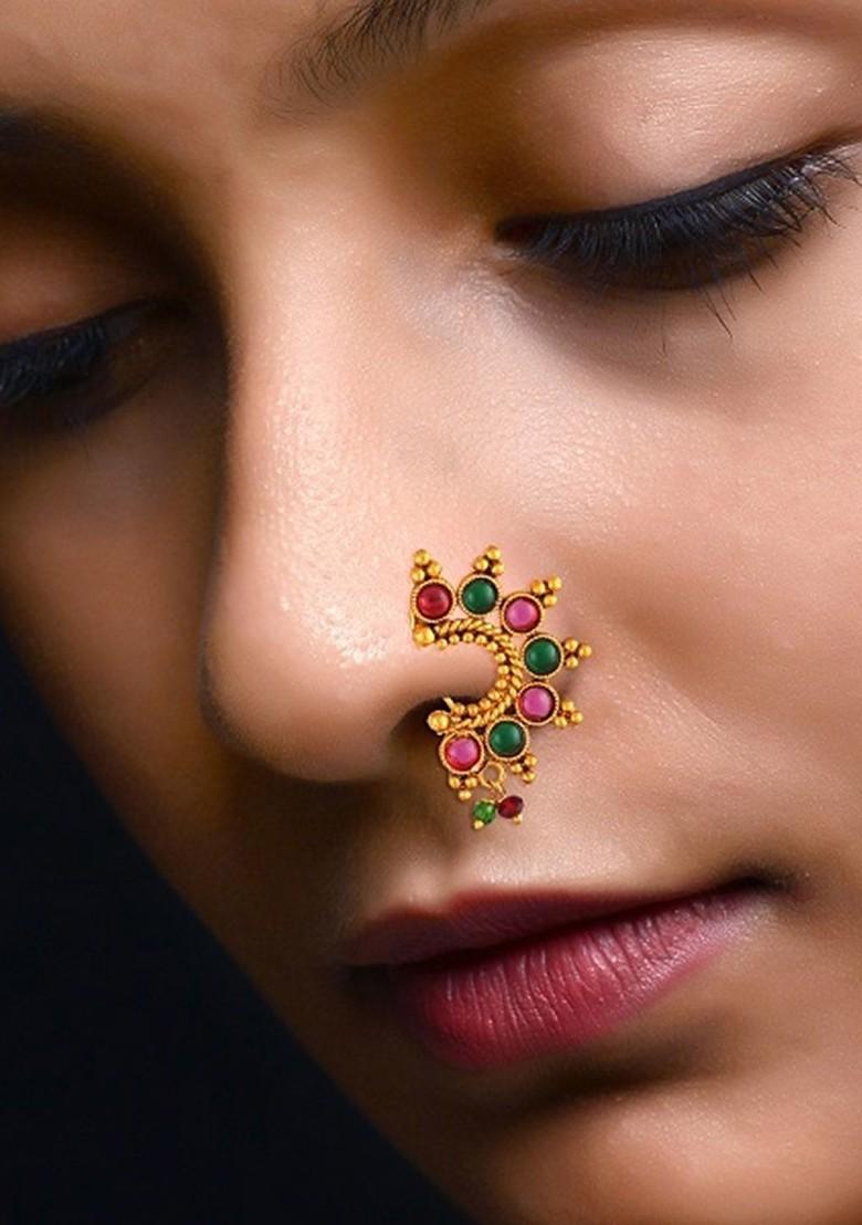 Set Of 2 Gold Plated Stone Studdedand Pearls Beaded Ring Nosepins