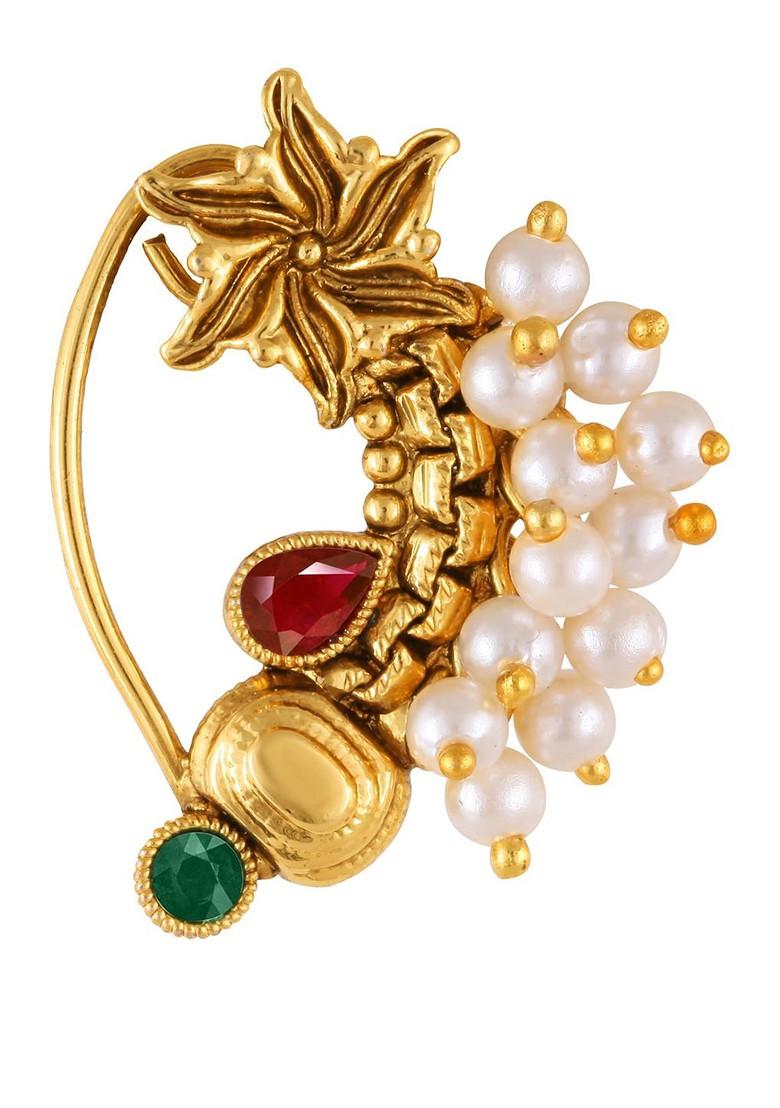 Set Of 2 Gold Plated Stone Studdedand Pearls Beaded Ring Nosepins
