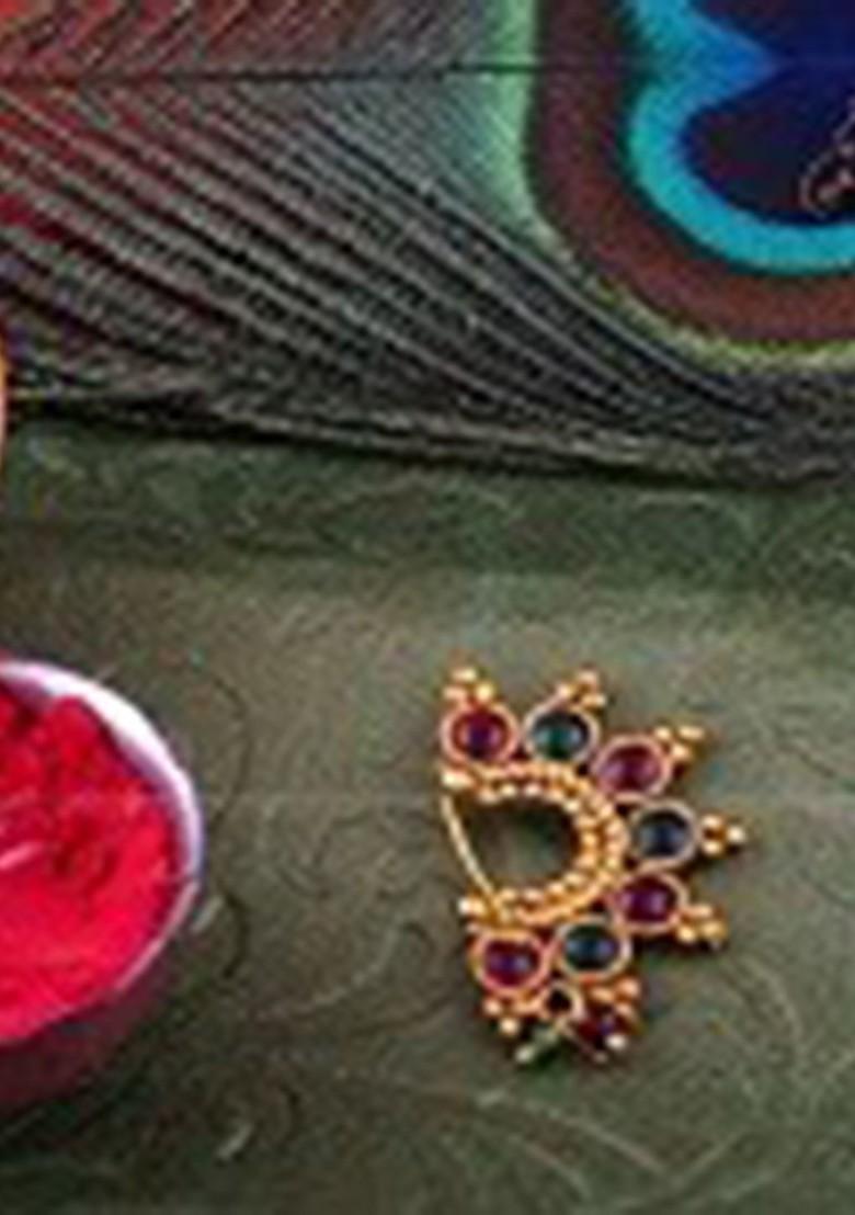 Set Of 2 Gold Plated Stone Studdedand Pearl Beaded Ring Nosepins