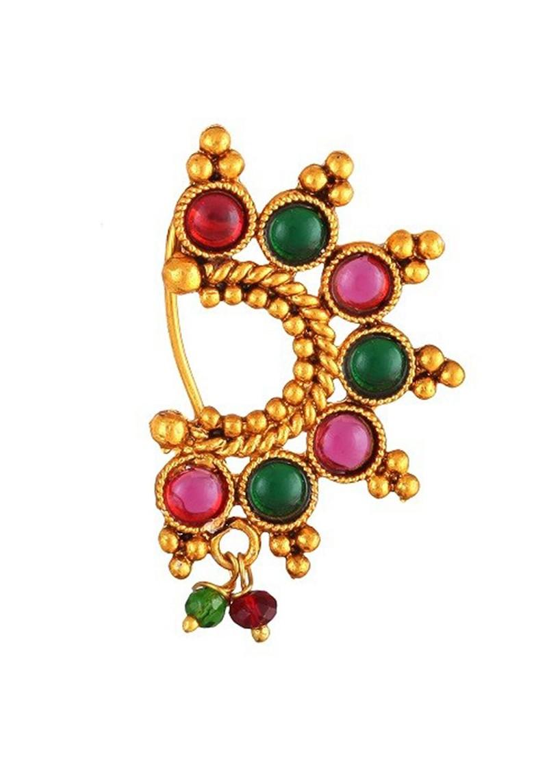 Set Of 2 Gold Plated Stone Studdedand Pearl Beaded Nosepins