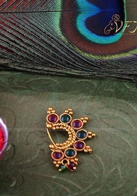 Gold Plated Artificial Stone And Beads Studded Nosepin