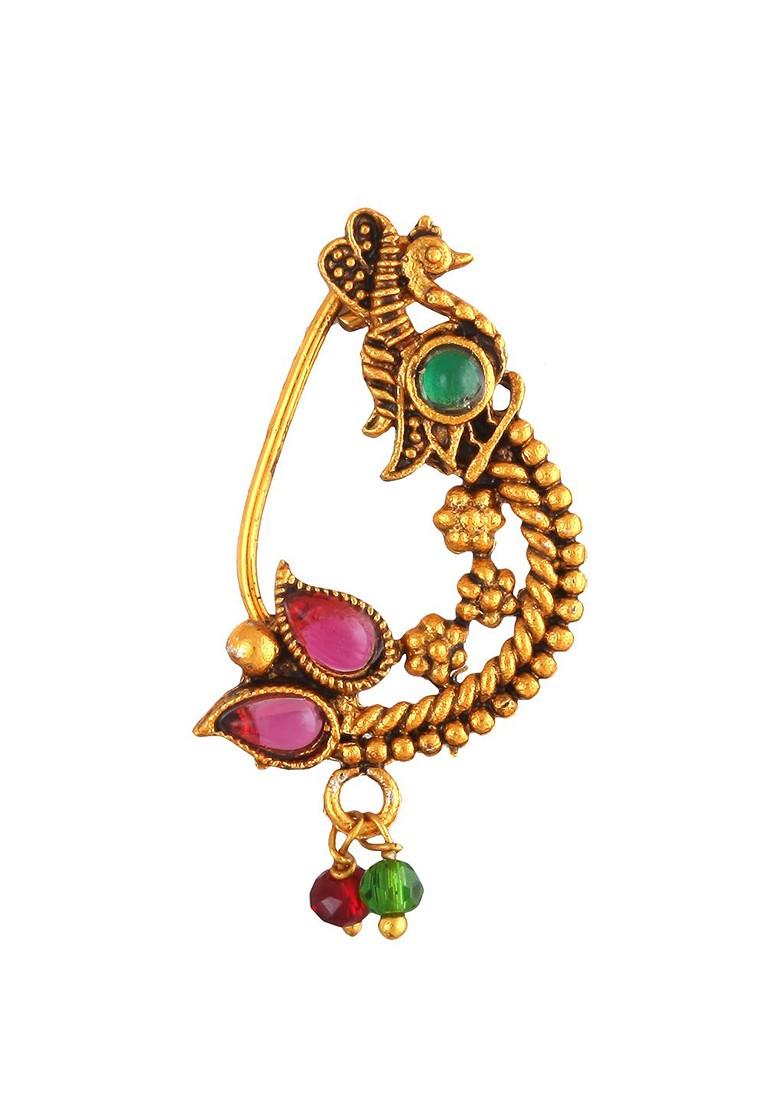 Set Of 3 Gold Plated Stone Studdedand Beaded Nosepins