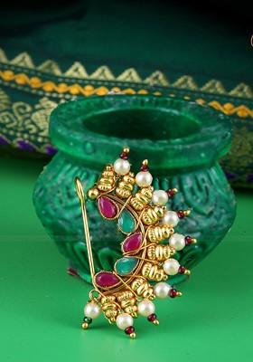 Gold Plated Artificial Stonesand Pearl Studded Nosepin