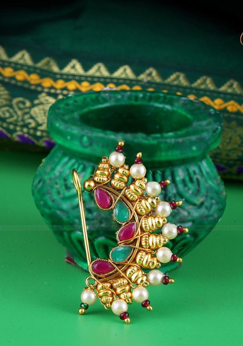 Gold Plated Artificial Stonesand Pearl Studded Nosepin