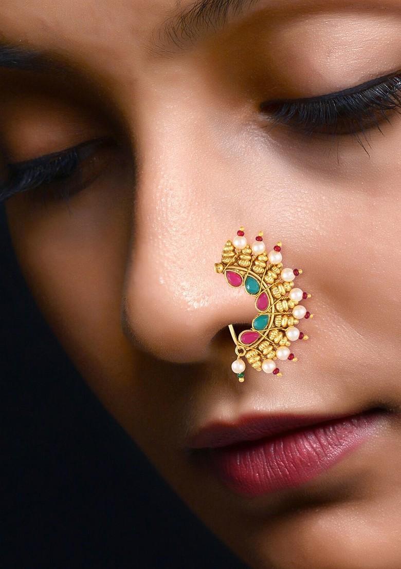 Gold Plated Artificial Stonesand Pearl Studded Nosepin