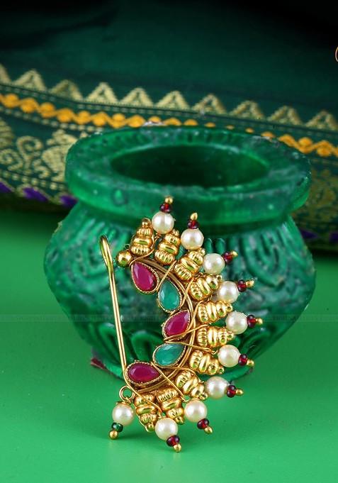 Gold Plated Artificial Stonesand Pearl Studded Nosepin
